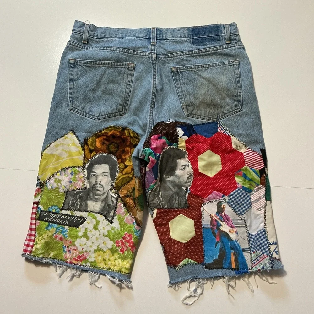 VTG Jimi Hendrix Experience Patchwork 1 Of 1 Upcycle Rework Denim Jean Shorts - Picture 2 of 4